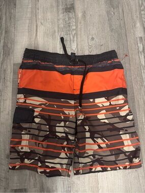 George Orange and Brown Camo Stripe Swim Shorts